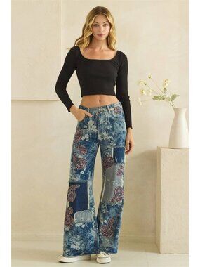 OLI & HALI Floral Mineral Washed Paisley Patch Distressed Flare Leg Denim Jeans